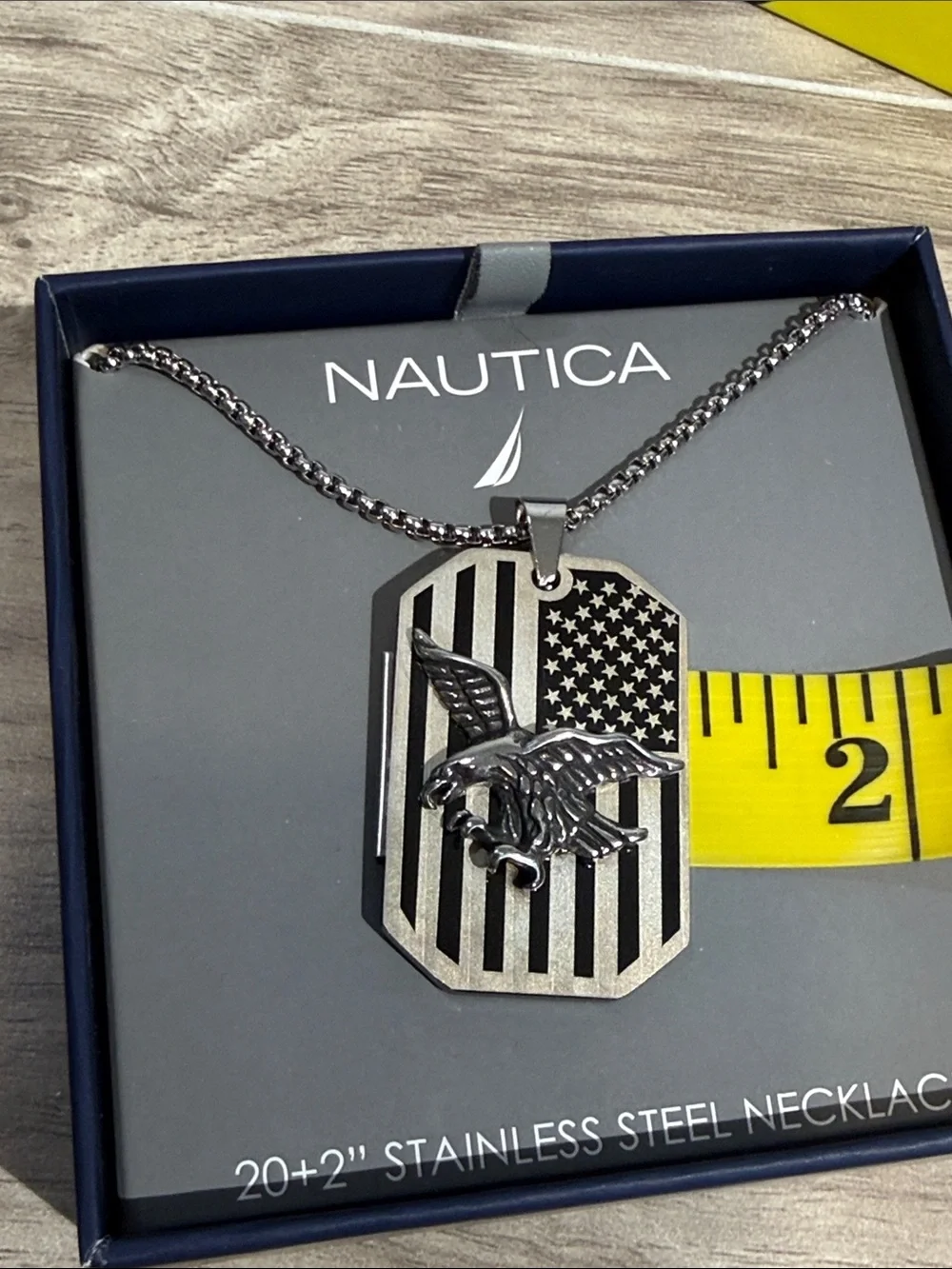 Nautica Silver tone Stainless Steel Eagle & American Flag Dog Tag Necklace